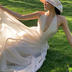 White Hanging Neck Deep V Dress