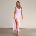 Women's V-Neck Ruffle Split Evening Dress - High Waist Sleeveless