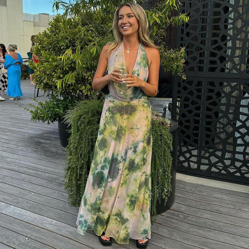 Women's 2-Piece Tie-Dye Halter V-Neck Backless Dress