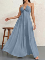 Backless Halter Neck A-Line Maxi Dress With Pleated Skirt For Beach Vacation