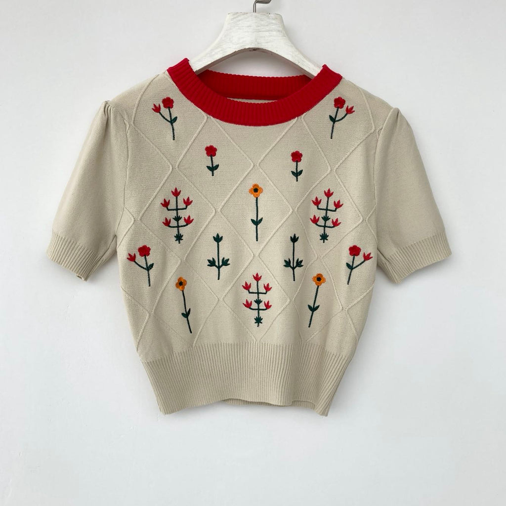 Apricot Floral Embroidered Cotton Knit Top
