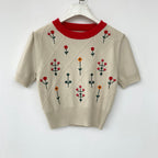 Apricot Floral Embroidered Cotton Knit Top