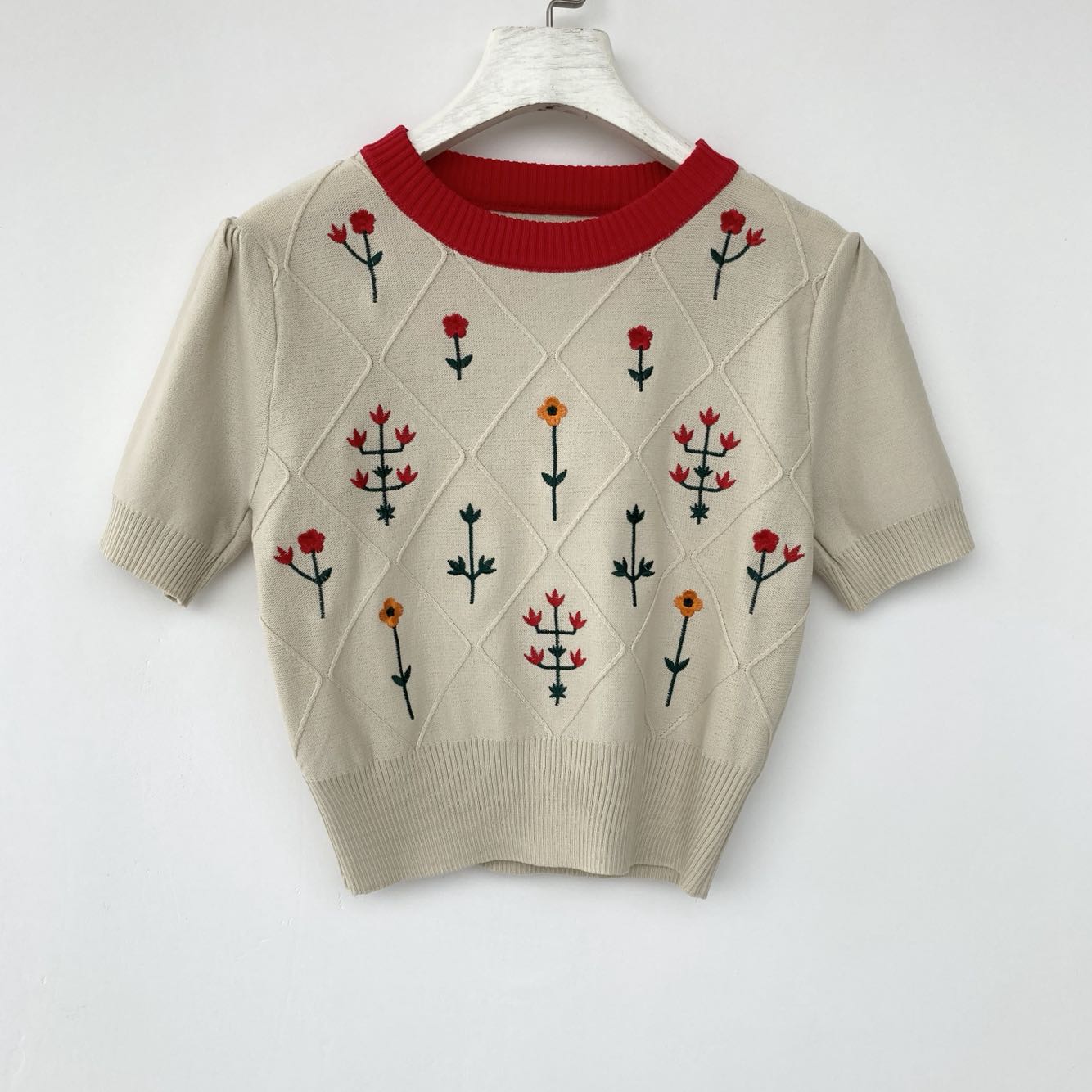 Apricot Floral Embroidered Cotton Knit Top