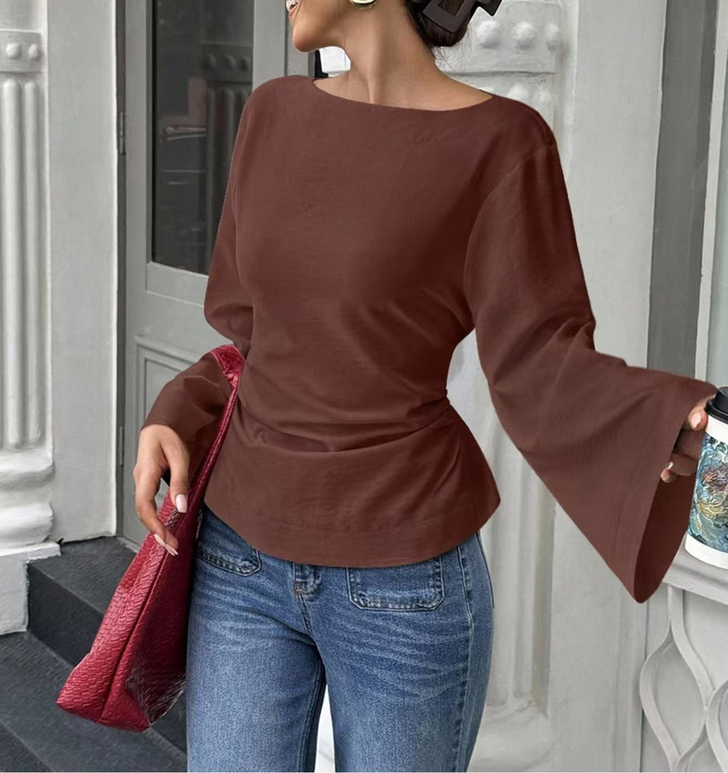 Chic Flared Long Sleeve Pullover In Black Slim Fit