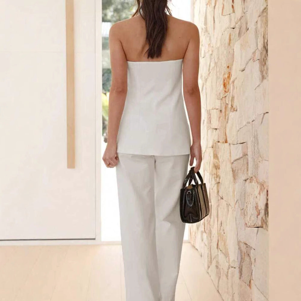 Two Piece Tube Top And Tailored Pants Set In Solid Polyester With Elevating Silhouette