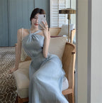 Blue Halter-neck Dress With High Waist Midi