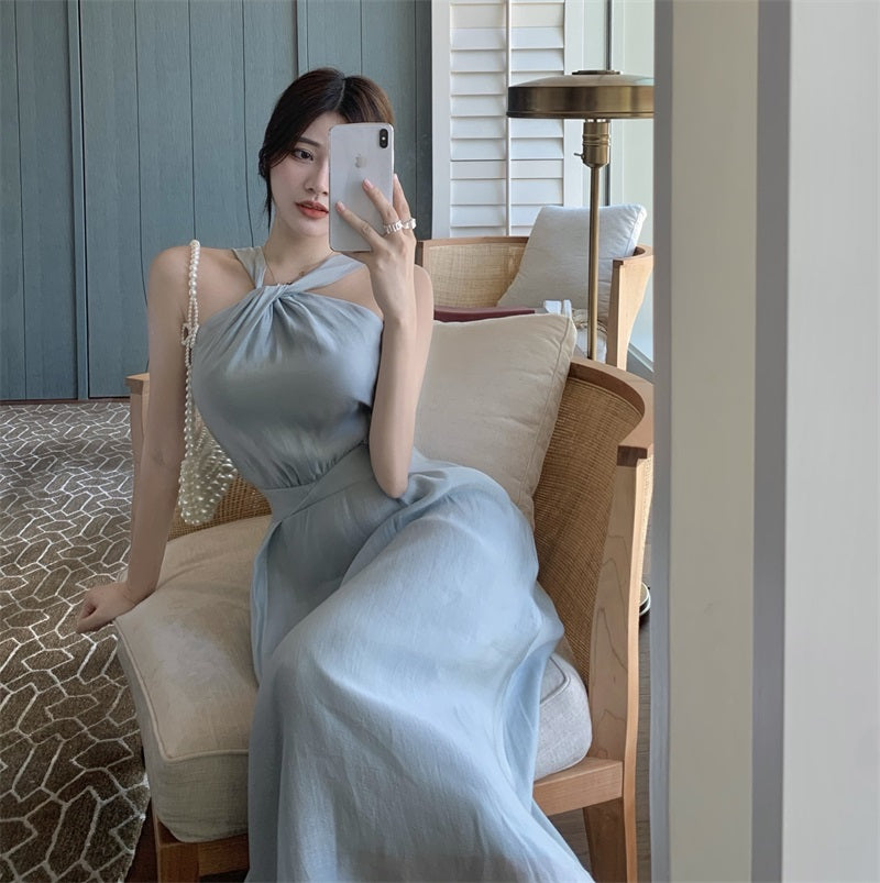 Blue Halter-neck Dress With High Waist Midi