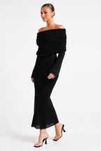 French-Style One-Shoulder Knitted Long-Sleeved Dress