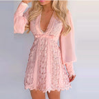 White V-Neck Lace Mini Dress with Long Puff Sleeves