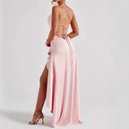 Women's Backless Ruffle Maxi Dress High Waist Split Evening Party