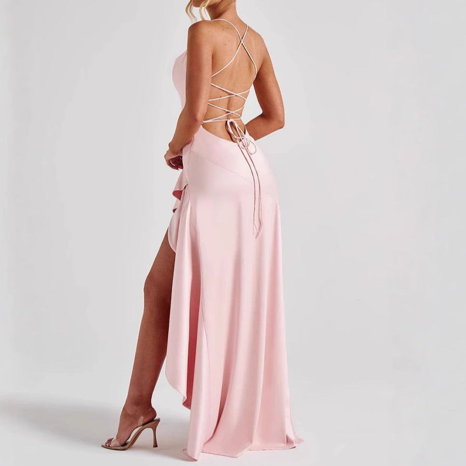 Women's Backless Ruffle Maxi Dress High Waist Split Evening Party
