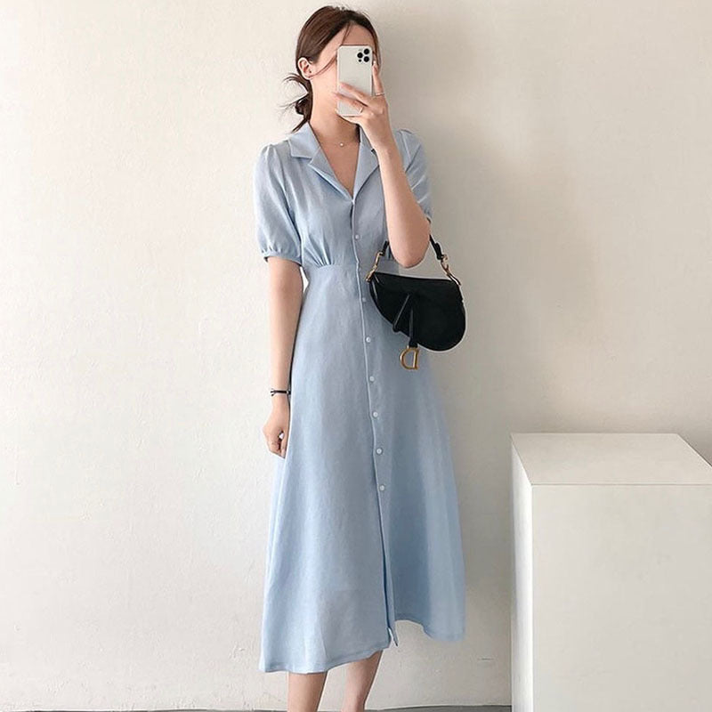 Soft Bubble Sleeve Shirt Dress With V Neck Collar