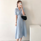 Soft Bubble Sleeve Shirt Dress With V Neck Collar