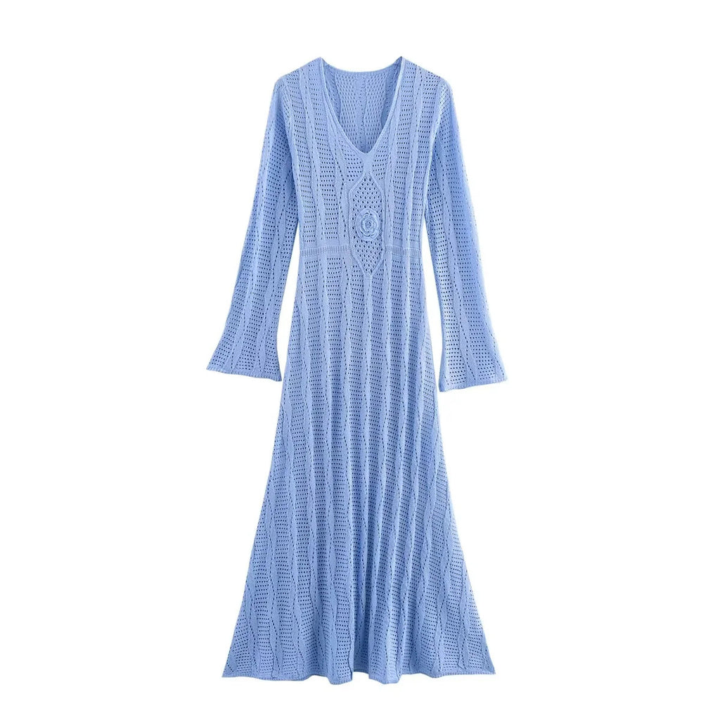 Sky Blue Long Knitted Dress With Bell Sleeves And High Waist