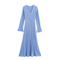 Sky Blue Long Knitted Dress With Bell Sleeves And High Waist