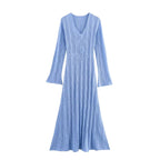 Sky Blue Long Knitted Dress With Bell Sleeves And High Waist