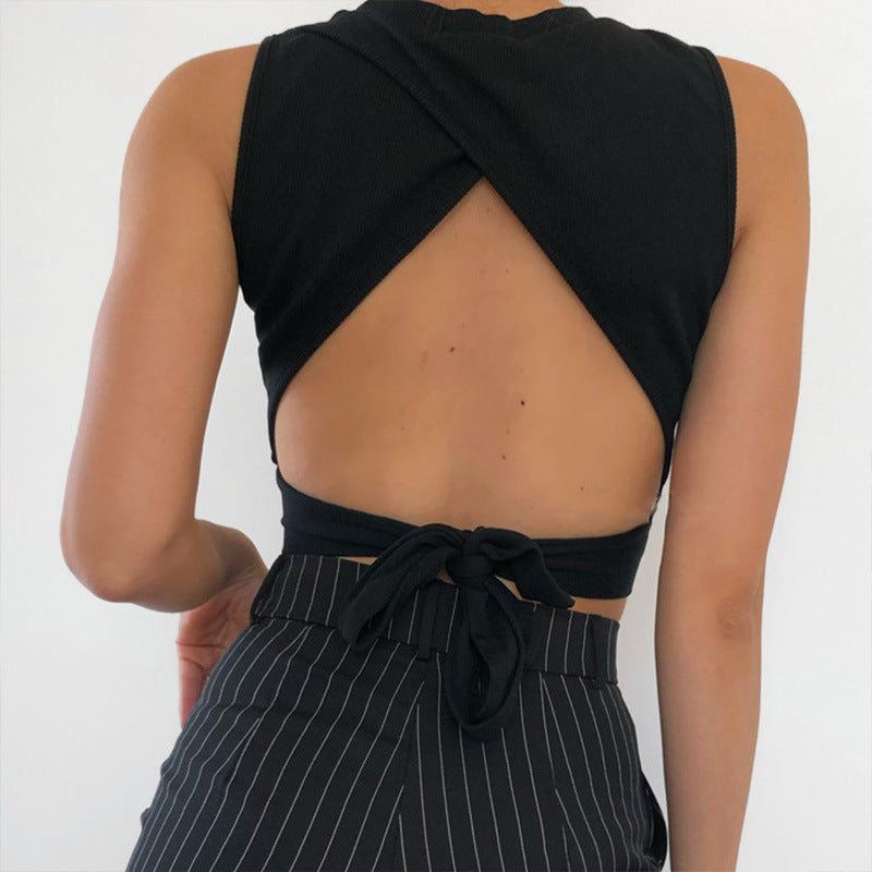 Lace-Up Tank Top For Women Round Neck Slim Fit Cotton Blend Crop Top