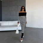 Elegant Slim-fit Sheath Stripes Knitted Dress