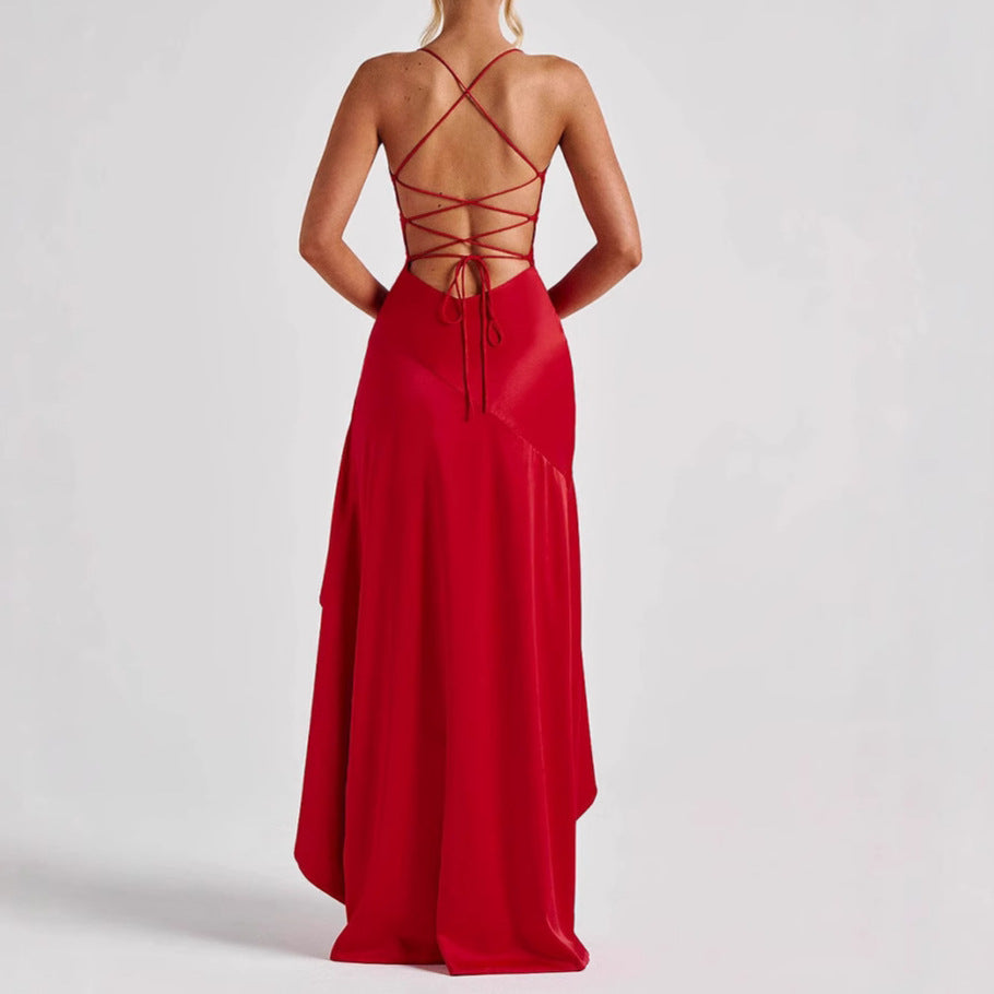 Women's Backless Ruffle Maxi Dress High Waist Split Evening Party