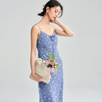Spaghetti Strap Floral Print Dress In Gray And Blue With Long A Line