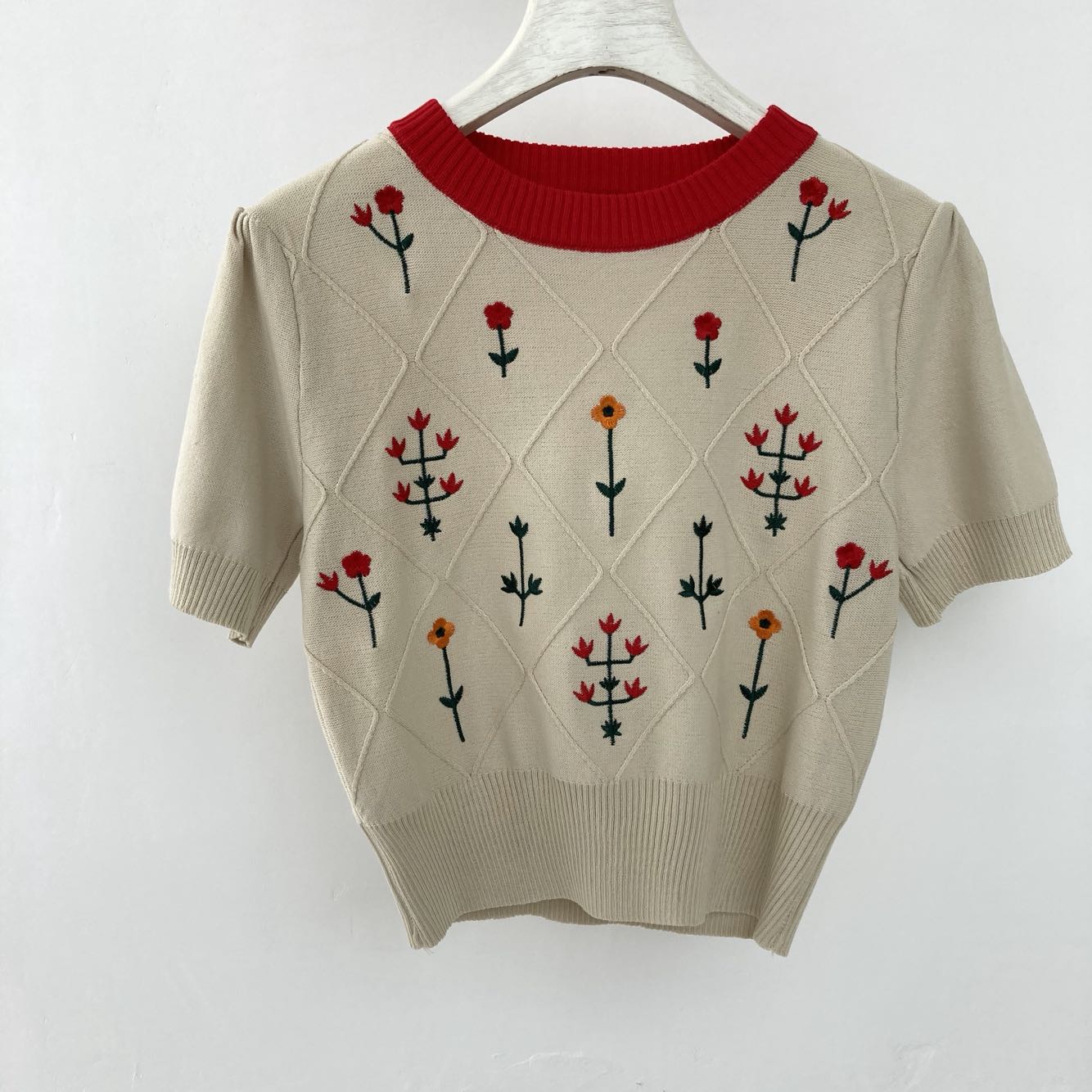 Apricot Floral Embroidered Cotton Knit Top