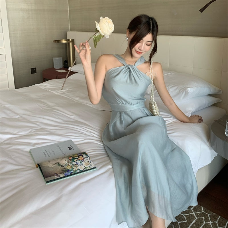 Blue Halter-neck Dress With High Waist Midi