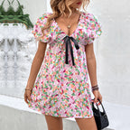 Pink Printed Dress For Women With Lace Up Detail High Waist Mini Ruffle Sleeves