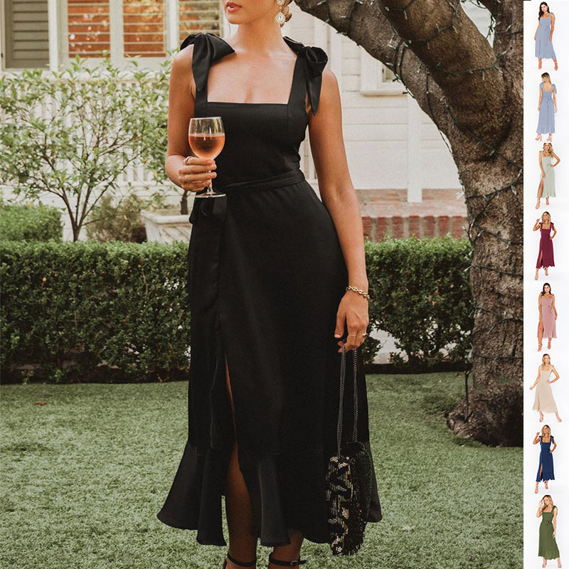 Women's Lace-up Split - Ruffled Sundress