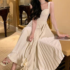 Milky White Pleated Sling Dress for Women Sleeveless Long Skirt