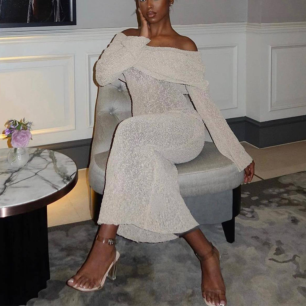 One-Shoulder Knitted Long-Sleeve Cotton Maxi Dress