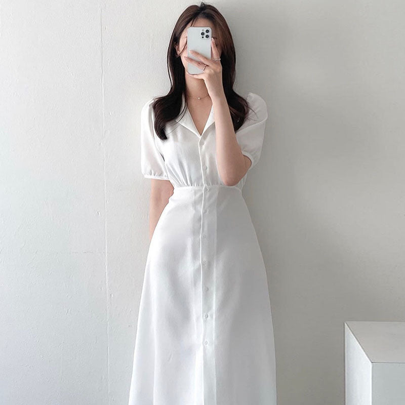 Soft Bubble Sleeve Shirt Dress With V Neck Collar