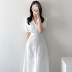 Soft Bubble Sleeve Shirt Dress With V Neck Collar
