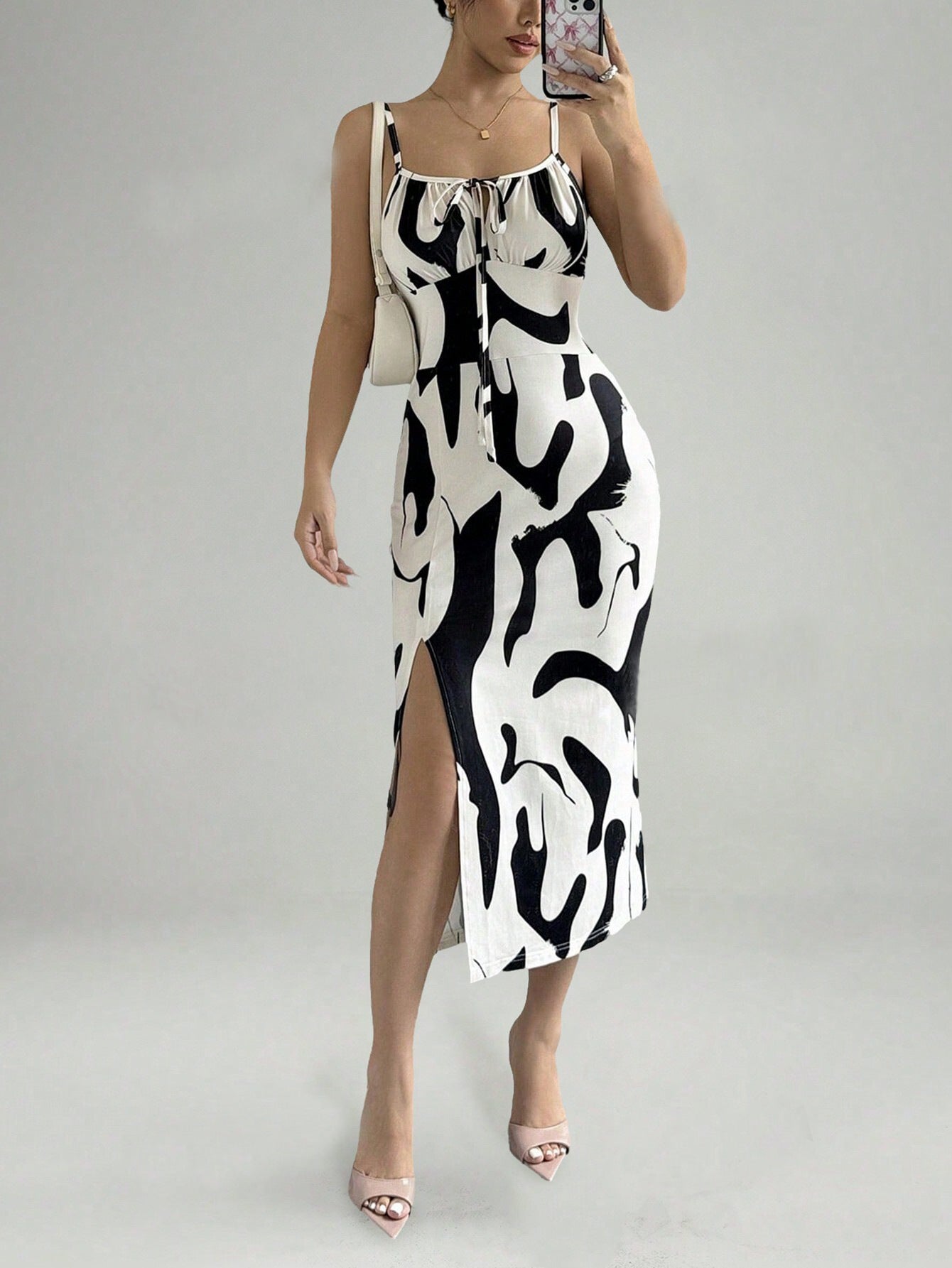 Summer Printed Mid-Length Split Dress High Waist Slim Fit