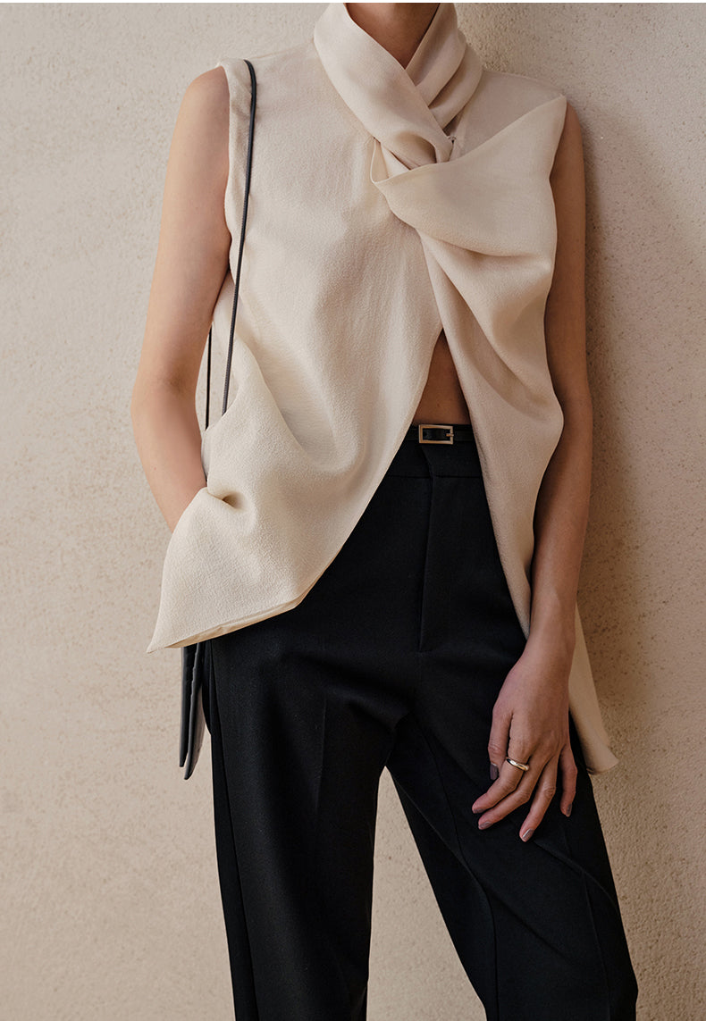 Vintage Asymmetric Collar Top With Front Slit In Silky