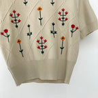 Apricot Floral Embroidered Cotton Knit Top
