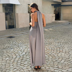Gray Satin Dress With Patchwork Detail For Elegant