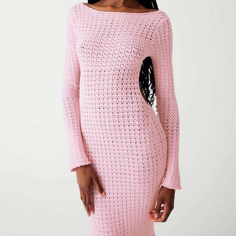 Pink Backless Knit Sweater Dress With High Waist And Long Silhouette