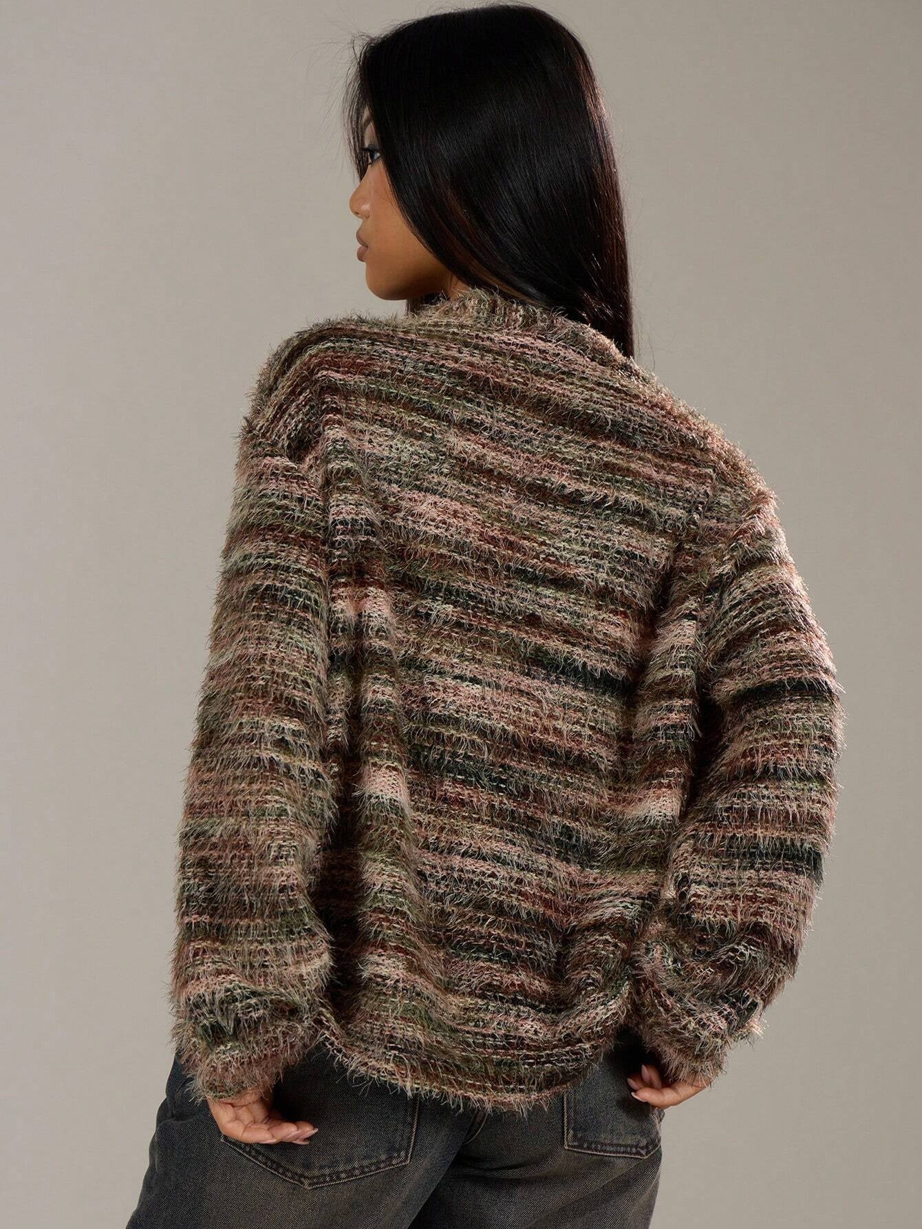 Cozy Stripe Knitted Button Cardigan Cropped V Neck Sweater For Women