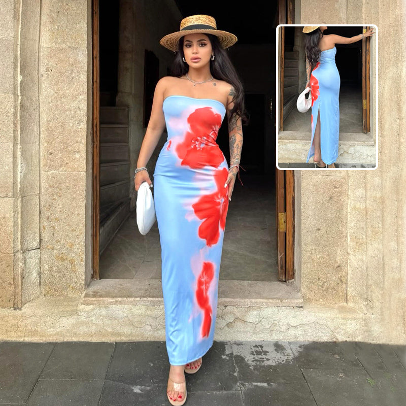 Slim Slit Tube Long Sexy Print Dress