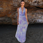 Women's 2-Piece Tie-Dye Halter V-Neck Backless Dress