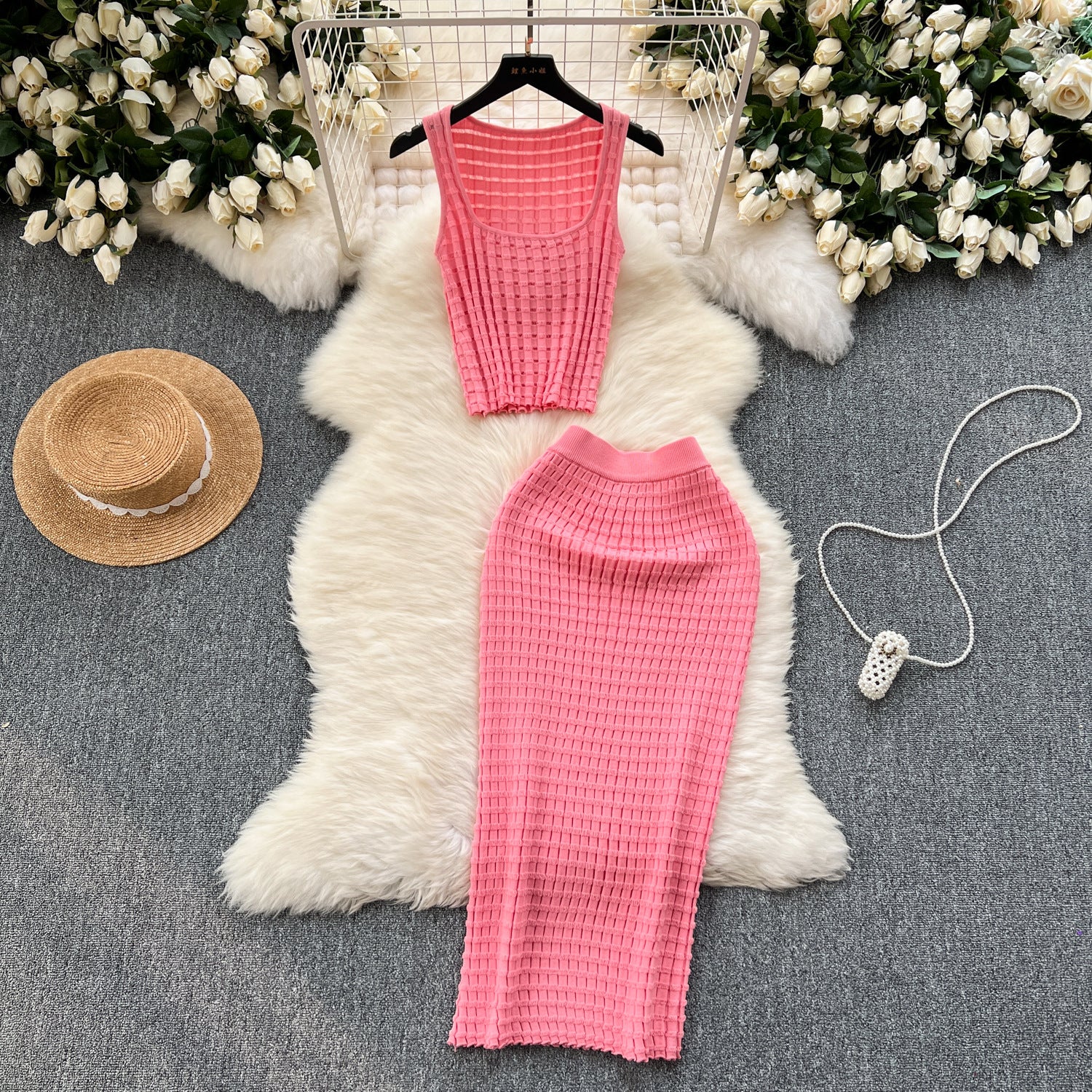 Elegant Chenille Knitted Top And Skirt Set Soft Textures