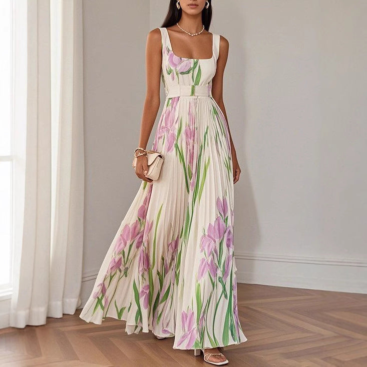 Floral Print Pleated A-Line Sleeveless Midi Dresses