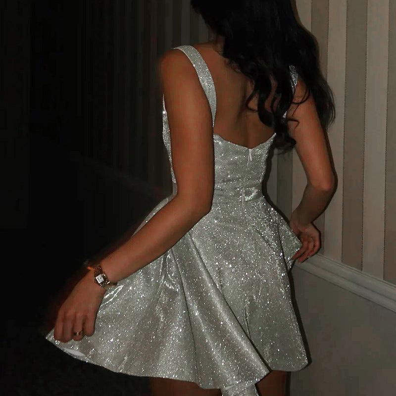 Silver Open Back Square Collar Summer Dress With High Waist Silhouette And Short Skirt
