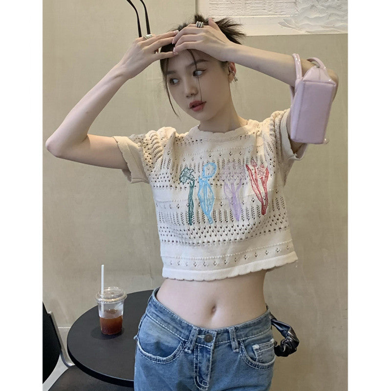 Apricot Cropped Knit Tee Short Sleeve