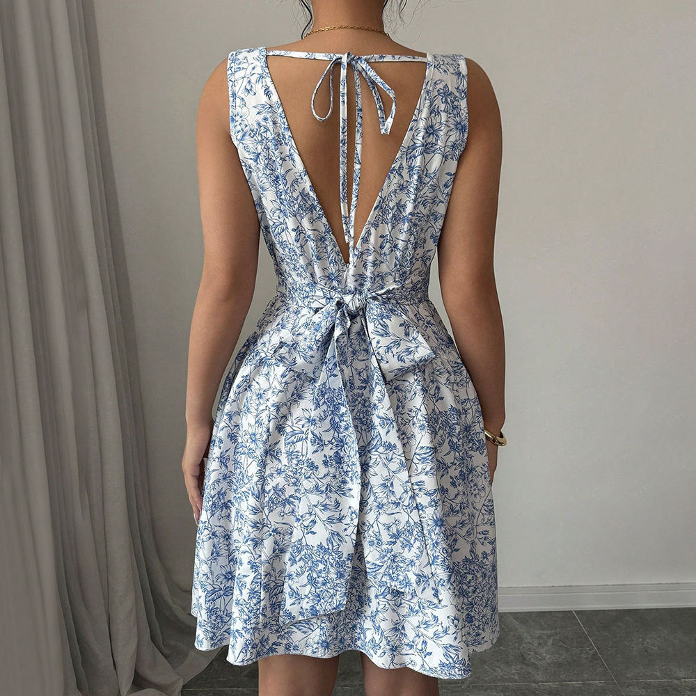Floral Summer Dress With White And Blue Print High Waist A Line Sleeveless Short