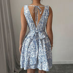 Floral Summer Dress With White And Blue Print High Waist A Line Sleeveless Short