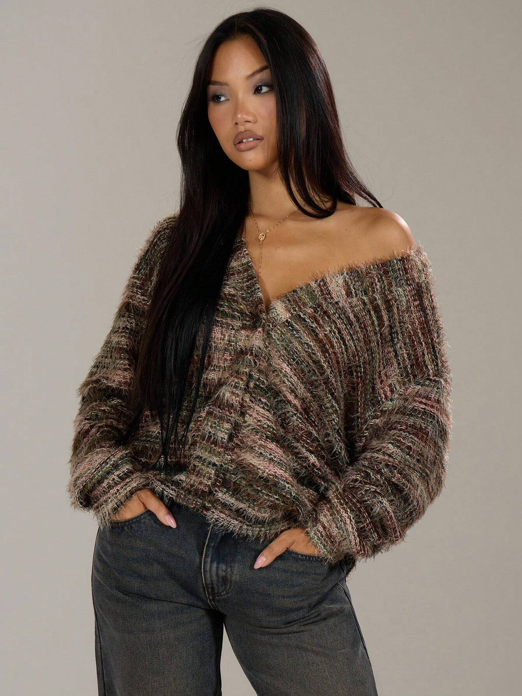 Cozy Stripe Knitted Button Cardigan Cropped V Neck Sweater For Women