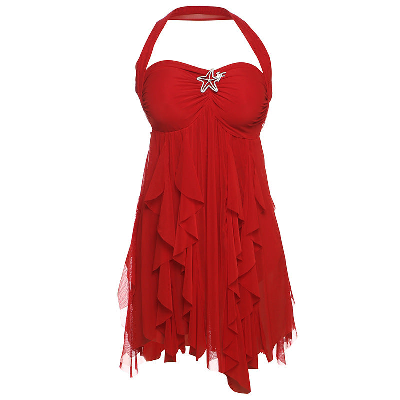 Halter Neck Backless Mesh Mini Printed Irregular Short Dress