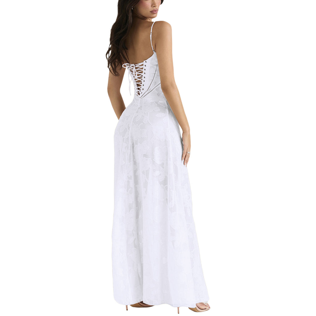Suspender Lace Long Dress With Strapless Collar