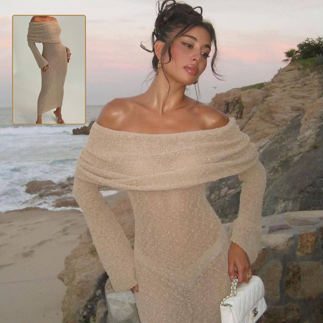 One-Shoulder Knitted Long-Sleeve Cotton Maxi Dress